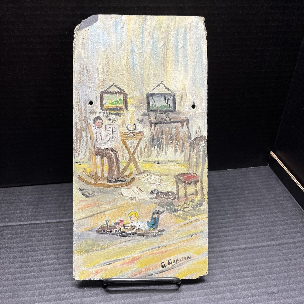 Vtg Painting On Slate Signed Dad Son & Dog Wall Hanging Primitive Decor 12 x 6"